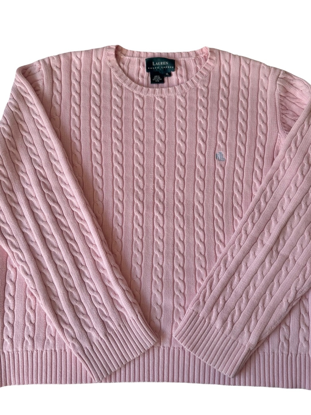 Lauren Ralph Lauren Women’s Pink Cable-Knit Cotton Crew Neck Sweater Size XL